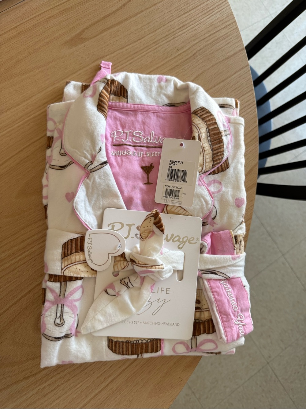 PJ Salvage Girls Pink and Cream Cupcake Print Pajama Set with Headband